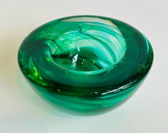 Vintage Kosta Boda Green Swirl "Atoll' Votive Candle Holder Designed by Anna Ehrner, Art Glass