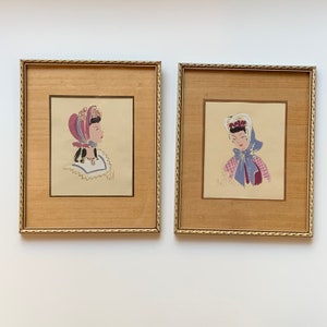 Vintage Pair of Framed Women in Hats Paintings, M. Wall