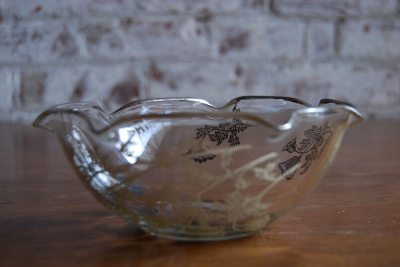 Vintage Glass Bowl, Reverse Silver Floral Painting image 2