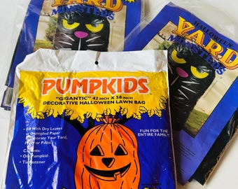 Vintage Collection of Halloween Lawn Bags, New in Package, Black Cat, Jack O Lantern