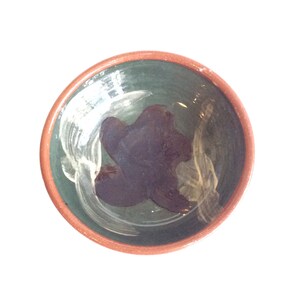 May include: A small, round ceramic bowl with a green glaze and a brown rim. The bowl has a unique design with a dark brown swirl and white accents.