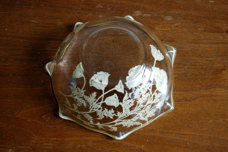 Vintage Glass Bowl, Reverse Silver Floral Painting image 4