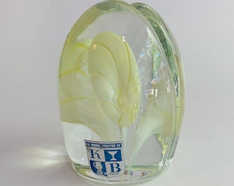 Vintage KB Glass Paperweight, Made in Italy, Yellow Flowers