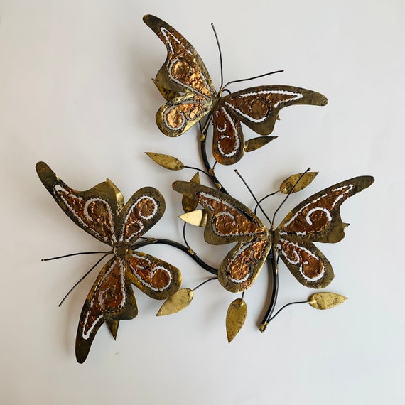 Grande Sculpture Murale Vintage Papillons Métal Doré 3D 61 Cm Décoration