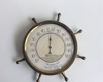 Vintage Thermometer, Temperature Gauge, Ship Wheel