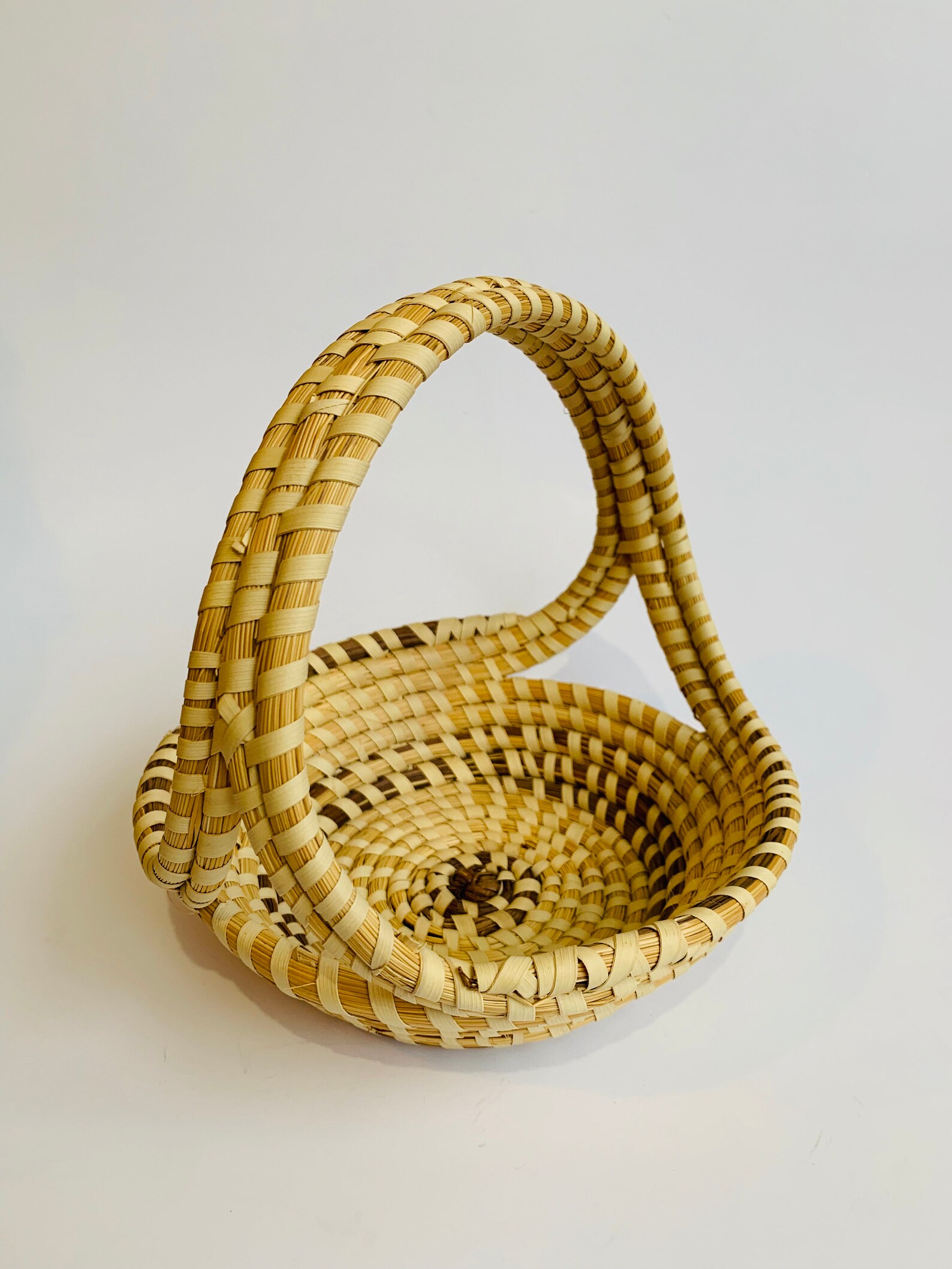 Vintage Straw Coiled Basket with Handle Folk Art Etsy