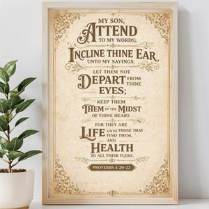 Proverbes 4: 20-22 affiche vintage des Écritures - 20 x 30 oeuvre d'art murale verset biblique inspirante