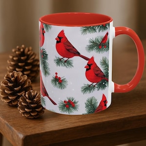 Christmas Cardinal Coffee Mug – Red Bird Holiday Mug – Winter Pine Ceramic Cup – Gift for Bird Lovers – Christmas Kitchen Décor, black/red