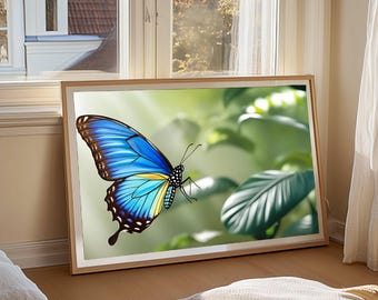 Whimsical Blue Butterfly Print on Green Leaf - Instant Download! 16:9 aspect ratio.