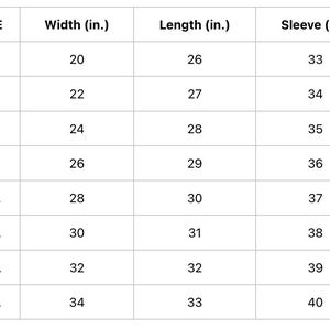 May include: A white chart displays garment measurements in inches. Sizes range from S to 5XL, with corresponding width, length, and sleeve measurements. The width varies from 20 to 34 inches, length from 26 to 33 inches, and sleeves from 33 to 40 inches.