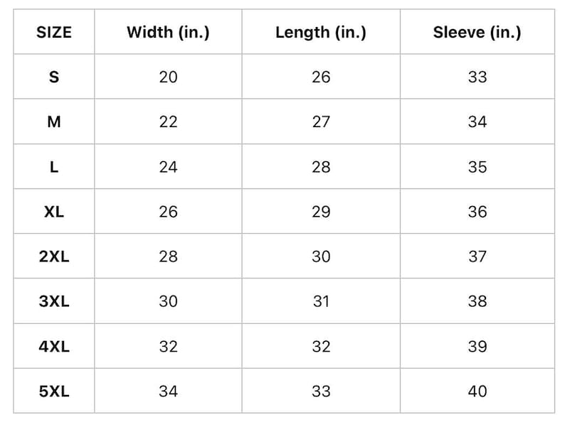 May include: A white chart displays garment measurements in inches. Sizes range from S to 5XL, with corresponding width, length, and sleeve measurements. The width varies from 20 to 34 inches, length from 26 to 33 inches, and sleeves from 33 to 40 inches.