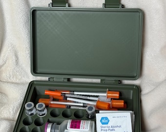 Estuche para el almacenamiento de péptidos (con capacidad para hasta 10 viales de 3 ml o 6 viales de 3 ml + 2 viales de 8 ml, agua bacteriostática, agujas y toallitas con alcohol).