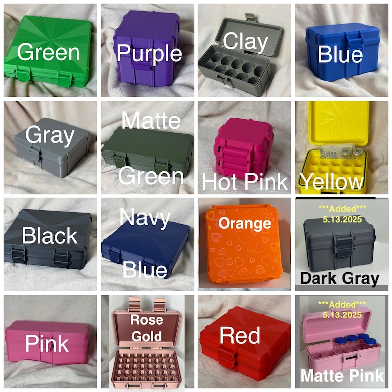 May include: Collection of small, colorful storage cases in various colors, including green, purple, blue, gray, and pink. Each case has a secure latch and some are open, revealing interior compartments. Text labels identify each case's color.