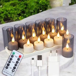 6/12 Pcs Rechargeable LED Candle Set - Flameless Candles with Timer and Remote Control, Black Glasses for Home Decoration
