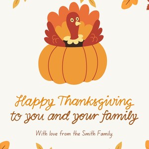 Danksagungs-Karte | Happy Thanksgiving druckbare festliche Karte, Dankbarkeit, dankbare Grußkarte an Familie und Freunde, Truthahn-Kürbis
