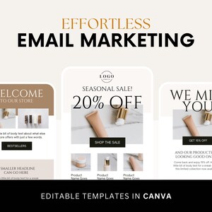 Puede incluir: Tres plantillas de marketing por correo electrónico para una marca de belleza o cuidado de la piel. La primera plantilla dice "Bienvenido a nuestra tienda" y presenta una imagen de producto y un botón "Bestsellers". La segunda plantilla dice "¡Venta de temporada! 20% de descuento" y presenta una imagen de producto y un botón "Comprar la venta". La tercera plantilla dice "Te extrañamos" y presenta una imagen de producto y un botón "Obtener 15% de descuento".