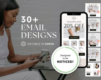 May include: A mockup of a mobile phone screen displaying an email template with the text "Seasonal Sale! 20% Off" and a graphic of a bottle of lotion. The email template is designed for a beauty or skincare brand. The text "Designed to be NOTICED!" is displayed in a circle on the image.