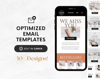 May include: A mockup of an email template for a beauty or skincare brand. The email features a white background with a black and white image of a bottle of lotion and a small jar. The text reads "We Miss You" and "Get 15% Off". The email also includes a section for "Bestsellers" with images of three products.
