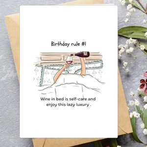 Funny Birthday Card for Her: Wine in Bed Self-Care