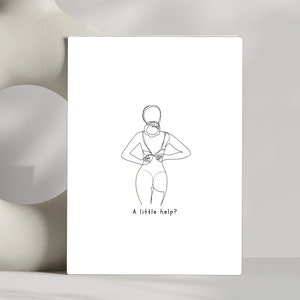 May include: Line art drawing of a person in a swimsuit, with their hands behind their back, attempting to fasten the straps. The text "A little help?" is below the drawing.