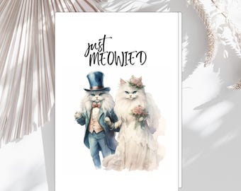 Funny Cat Wedding Card: Just Meowied Watercolor Design