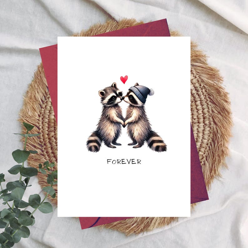 May include: A white greeting card featuring two raccoon illustrations, touching noses and holding hands, with a red heart above them. One raccoon wears a blue and white striped hat. The word "FOREVER" is printed below the raccoons.