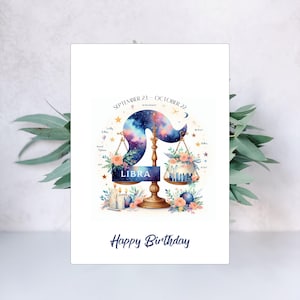Libra Birthday Card | Horoscope Birthday Card | Cute Bday Card | Zodiac Watercolor Birthday Cake Card | Libra Zodiac Birthday Card