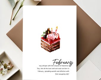 February Birthday Card: Watercolor Cake Design