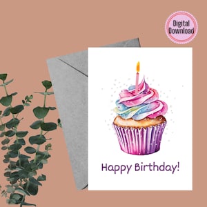 Carte de joyeux anniversaire | Carte d'anniversaire imprimable avec petit gâteau coloré | Carte numérique joyeux anniversaire | imprimable Cupcake mignon | Téléchargement NUMÉRIQUE