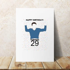 May include: A birthday card with a cartoon illustration of a person with arms raised in the air. The card has confetti and the text "Happy Birthday! Turning 29".