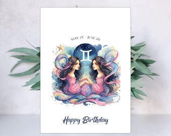 Gemini Zodiac Birthday Card: Watercolor Art Greeting Card
