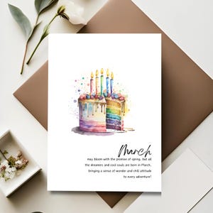 March Birthday Card: Watercolor Cake Design