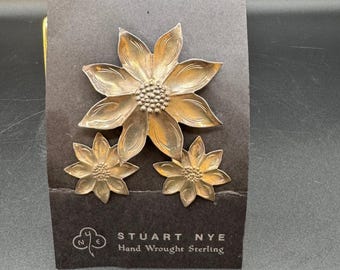 VTG Stuart Nye Sterling Flower Brooch & Earring Set, New