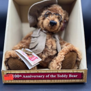 May include: A brown teddy bear wearing a hat, glasses, and a vest, sitting inside a cardboard box. The box has a red banner that reads "100th Anniversary of the Teddy Bear". A tag is attached to the bear.