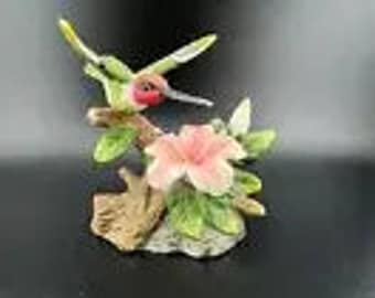 Porcelain Hummingbird with Hibiscus Flower Figurine