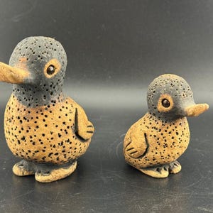 May include: Two duck figurines crafted from porous, textured clay. The larger duck on the left and the smaller duck on the right both feature a dark gray head and a tan body, with small black spots covering the entire surface of each bird.