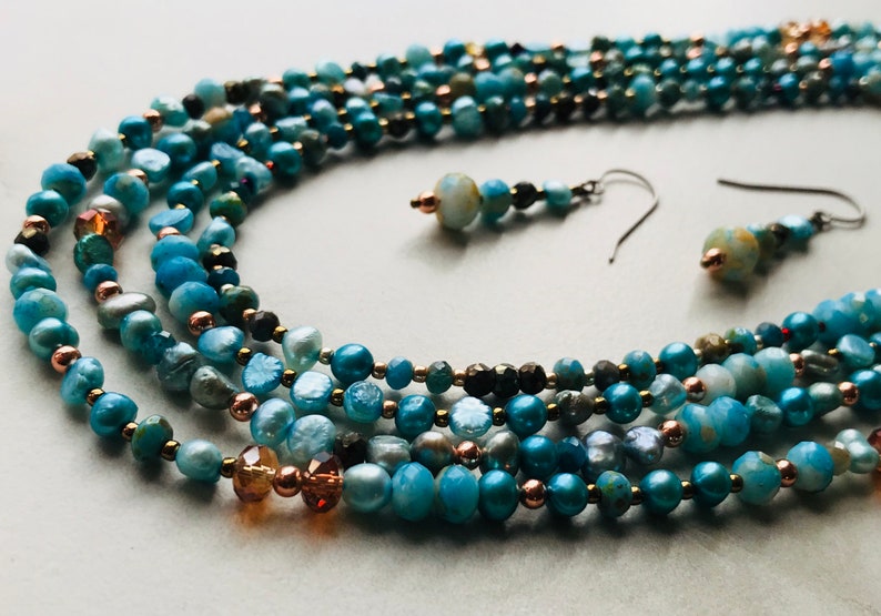 Hand Beaded Multi Strand Necklace Beaded Necklace Set Turquoise Colored Jewelry Statement Necklace Gift for Her Beach Jewelry