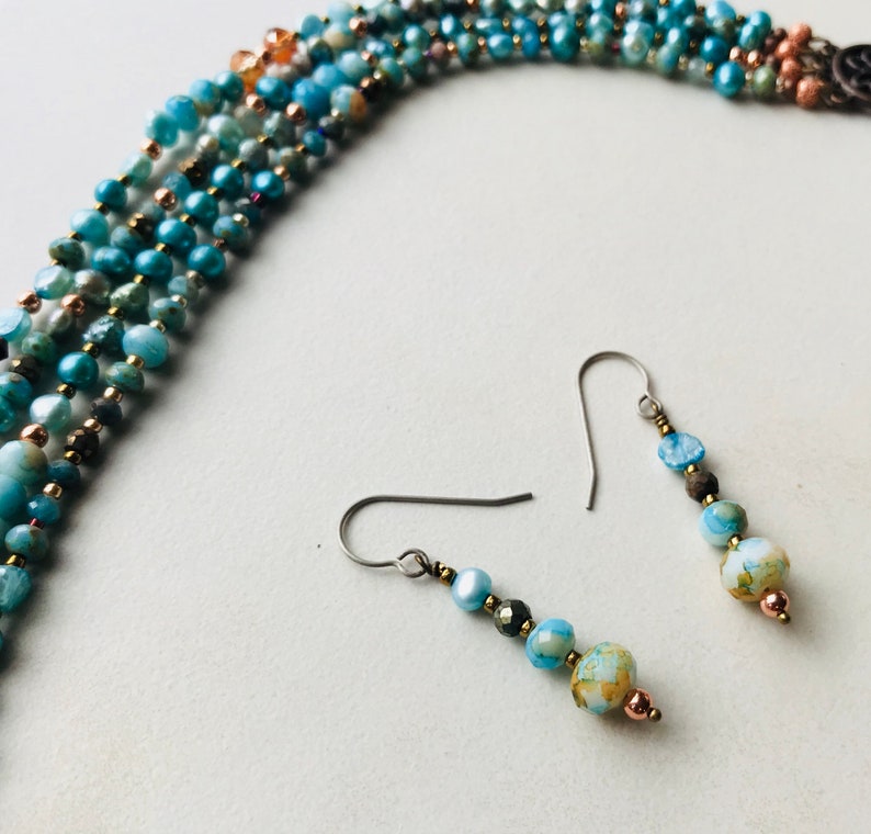 Hand Beaded Multi Strand Necklace Beaded Necklace Set Turquoise Colored Jewelry Statement Necklace Gift for Her Beach Jewelry