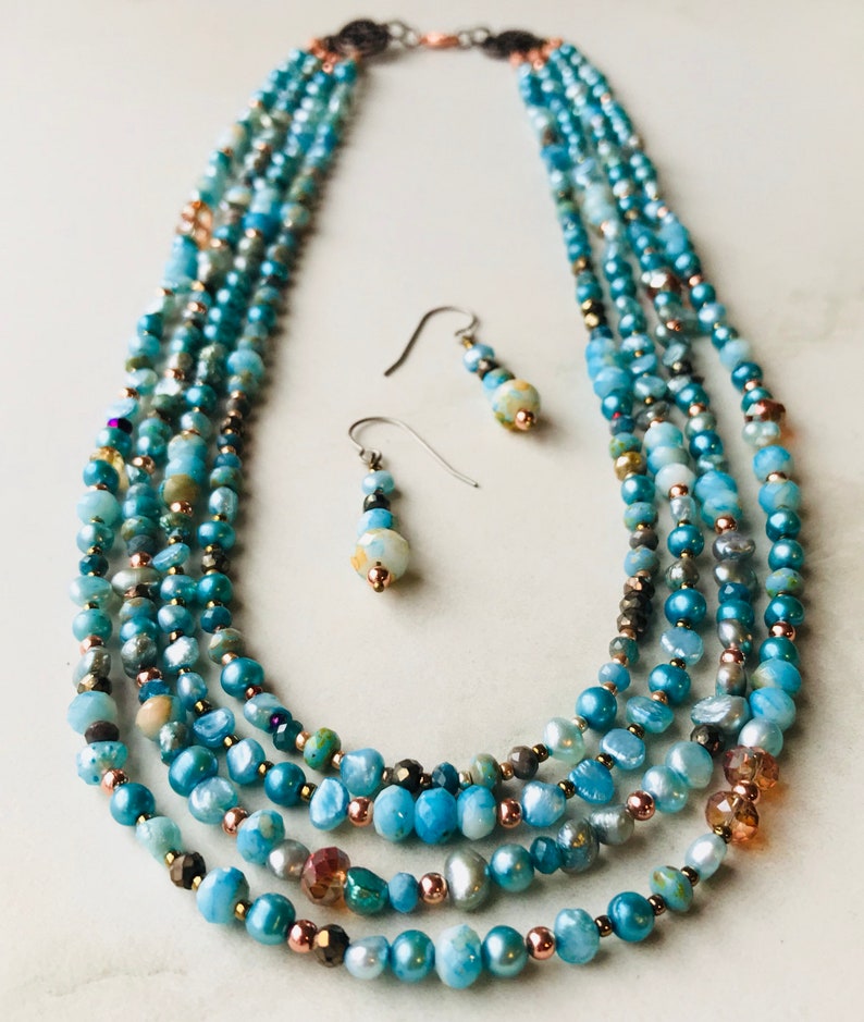 Hand Beaded Multi Strand Necklace Beaded Necklace Set Turquoise Colored Jewelry Statement Necklace Gift for Her Beach Jewelry