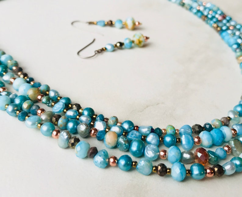 Hand Beaded Multi Strand Necklace Beaded Necklace Set Turquoise Colored Jewelry Statement Necklace Gift for Her Beach Jewelry