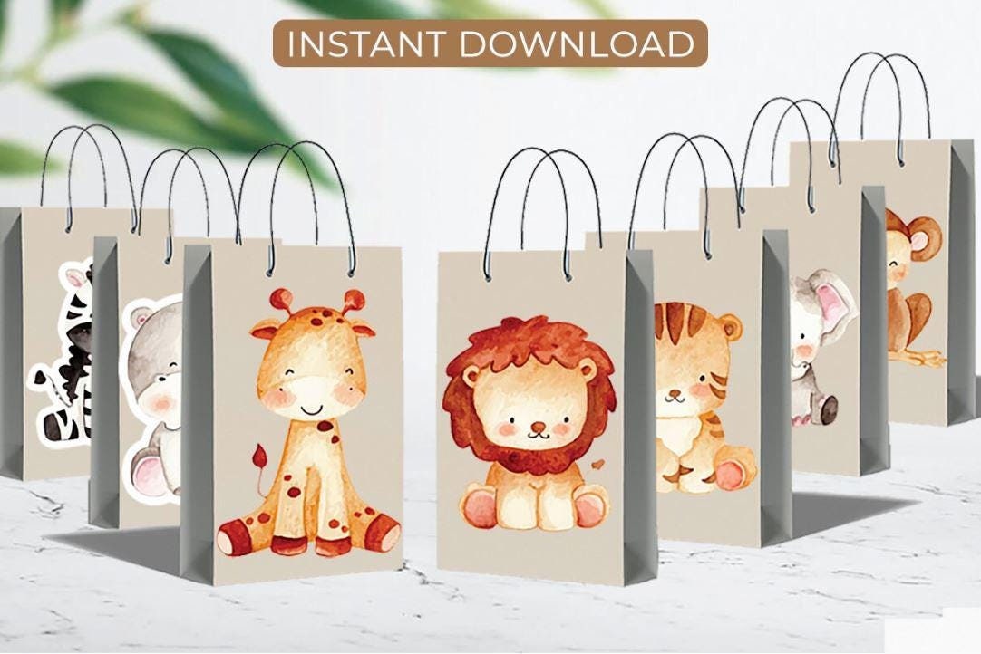 100 Sacchetti Regalo Per Bomboniere Safari Giungla | 5 Motivi Animali | 26x16 Cm | Per Compleanni E Baby Shower