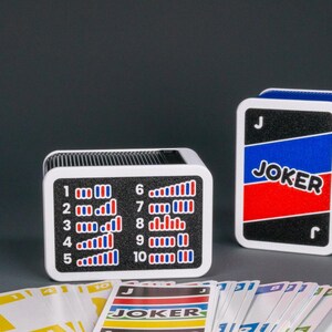 Könnte beinhalten: Zwei weiße rechteckige Kartenhalter mit schwarzen, texturierten Vorderseiten. Einer zeigt die Zahlen 1 bis 10 mit roten und blauen Balkendiagrammen, der andere ein großes JOKER-Motiv mit blauen und roten diagonalen Streifen. Spielkarten liegen davor.