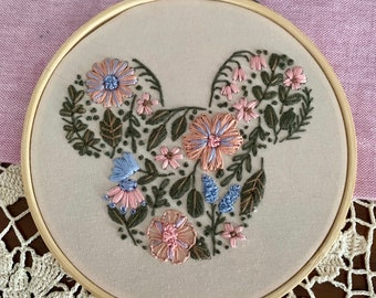 Spring florals Mickey / Minnie Mouse   - hand embroidery hoop art