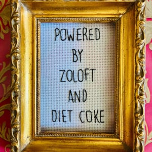 May include: A framed cross-stitch artwork with the text "POWERED BY ZOLOFT AND DIET COKE." The frame is ornate, gold-colored, and rectangular. The background is a light blue fabric with white dots. The background behind the frame is a pink floral pattern.