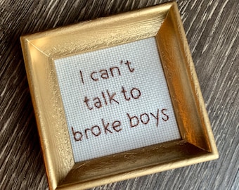Broke boys - hand embroidery framed fiber art 5x5