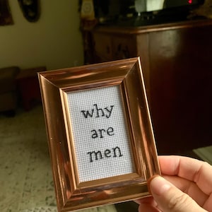 MADE TO ORDER - Why are men - hand embroidery 3.5” x 2.5” ready to frame