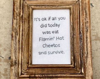 Flamin hot cheetos  -  framed hand embroidery 4x6 in a 5x7 frame