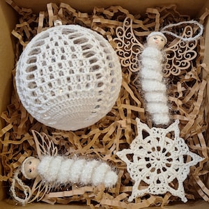 Set de adornos navideños: ángeles, estrellas y bolas de ganchillo | Caja de regalo navideña | Decoración bohemia