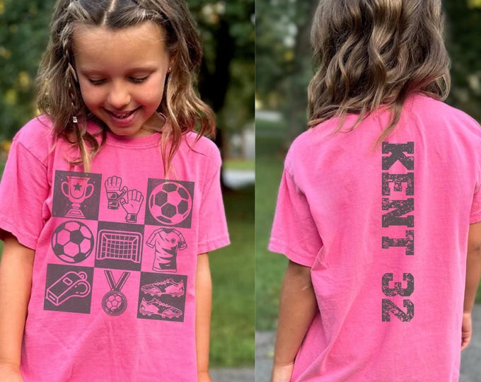 Custom Girls Youth Soccer Tee, Youth Comfort Colors Soccer Shirt, Personalized Name & Number, Soccer Game Day Shirt, Soccer Season Team Gift
