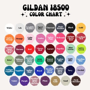 K&ouml;nnte beinhalten: Eine Farbkarte f&uuml;r Gildan 18500-Kleidung mit einer Vielzahl von Farben. Die Karte enth&auml;lt Farbt&ouml;ne wie Wei&szlig;, Schwarz, Gold, Rot, Blau, Gr&uuml;n und Lila. Der Text "FARBKARTE" wird oben angezeigt.